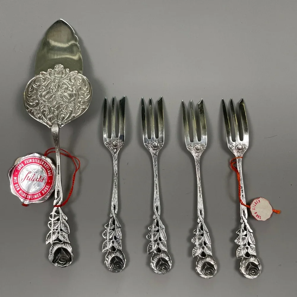 Antiko 100 Hildesheimer Rose Silver Plated Cake Server and 4 Forks Set German